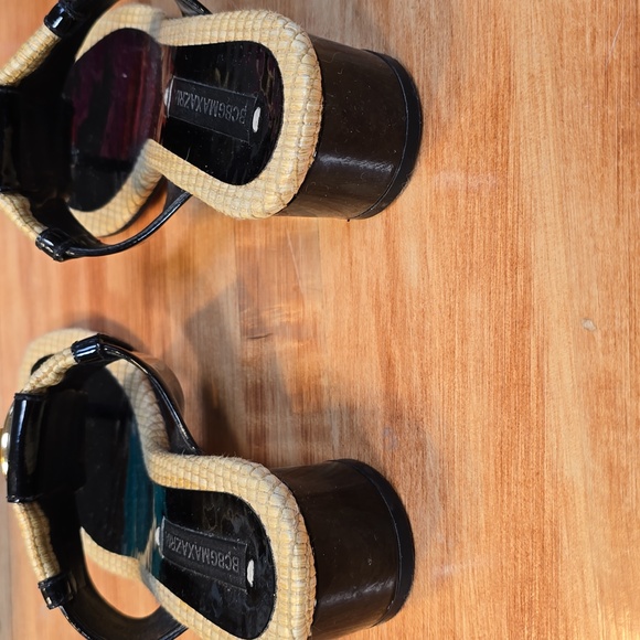 Black Patent Leather and Straw Heeled Sandal Thong - Picture 3 of 9